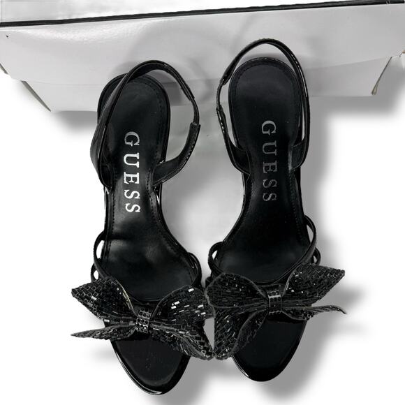 Guess Black Rhinestone Bow Heels Size 6 Embellished Slingback Pumps Low Stiletto - Picture 8 of 11